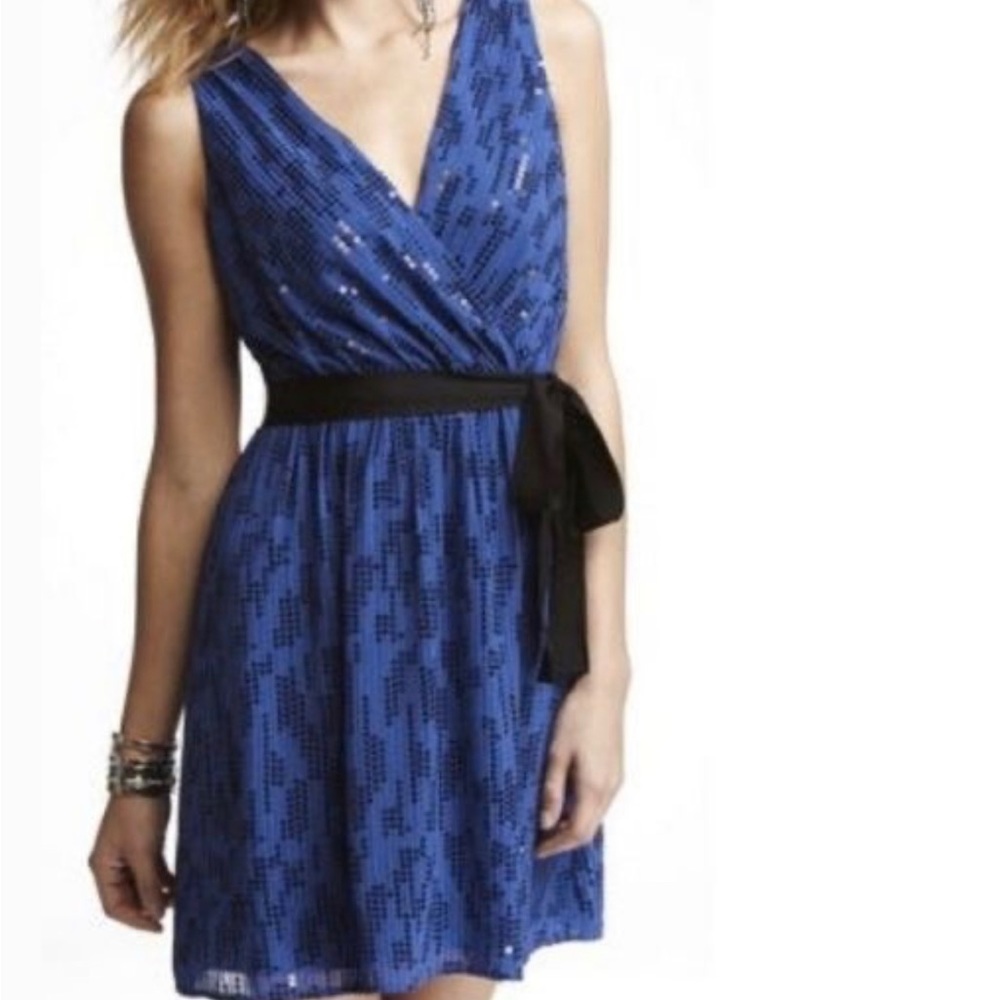 Express Sequined Bright Blue Cocktail Dress with Black Tie Belt- Size M